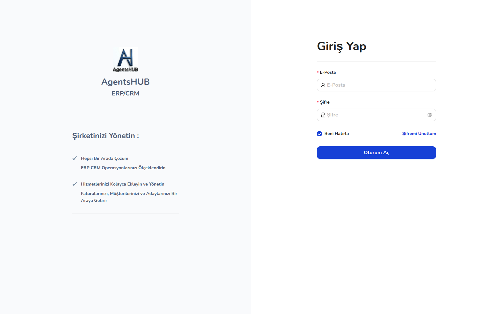 AgentsHub ERP/CRM giriş arayüzü